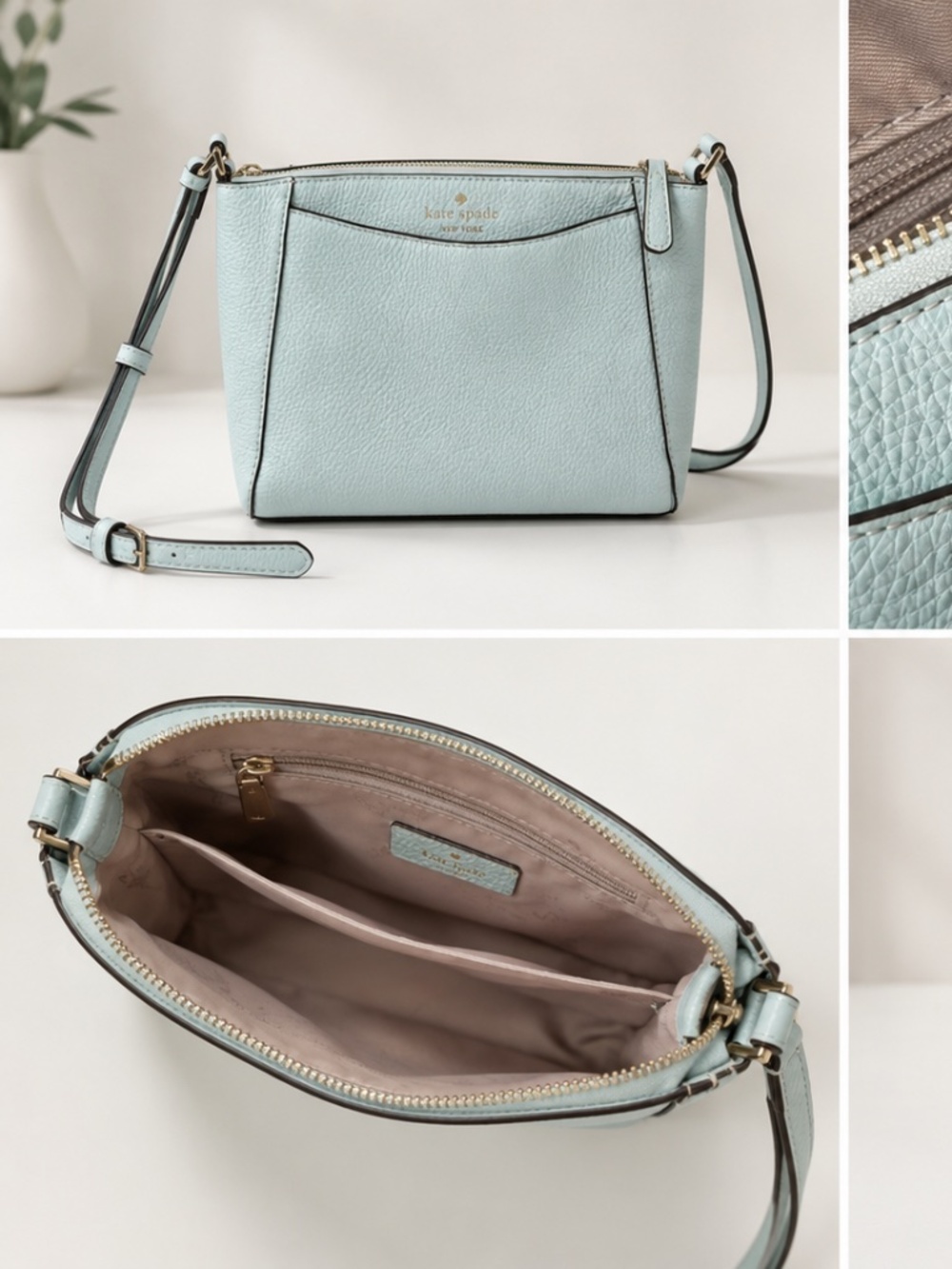 Kate Spade pebble leather zip crossbody – mint/seafoam